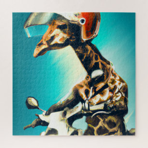 Quebra-cabeça Giraffe Wearing Helmet on Motorcycle Modern AI Art