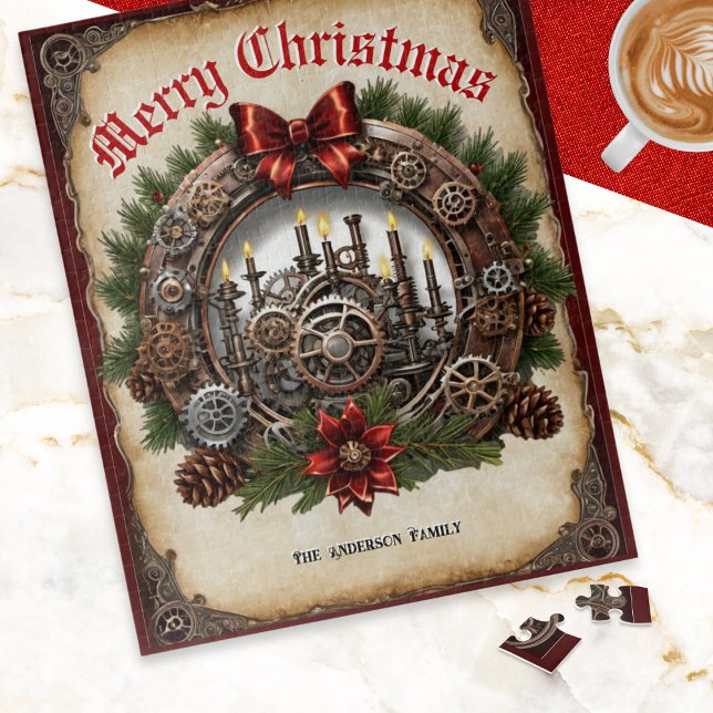Quebra-cabeça Girândolas de Natal Velas Engrenagens Personalizad (A Christmas jigsaw puzzle with Steampunk theme, with festive wreath, cogs, pinecones and candles)