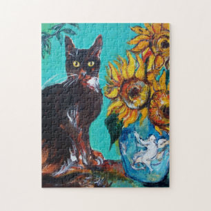 QUEBRA-CABEÇA GIRASSÓIS COM CAT PRETO NA TURQUESA AZUL