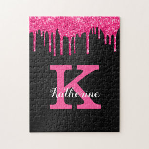 Quebra-cabeça Girly Black Hot Pink Glitter Drips Monogram Name
