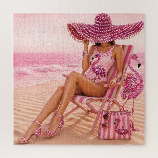 Quebra-cabeça Glam Chic Classy Senhora Flamingo Rosa Tropical Pr (Vertical)