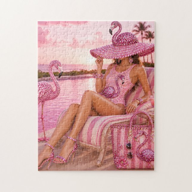 Quebra-cabeça Glam Chic Classy Senhora Flamingo Rosa Tropical Pr (Vertical)