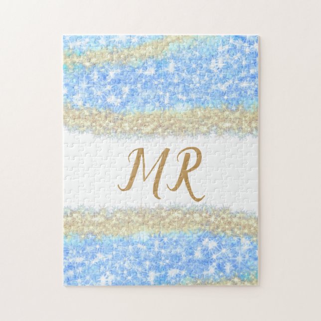 Quebra-cabeça glitter dourado azul glitter glitter nome monogram (Vertical)