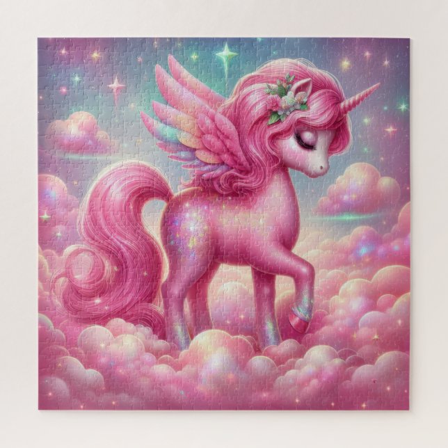 Quebra-cabeça Glitter rosa de conto de fadas brancas e unicórnio (Vertical)