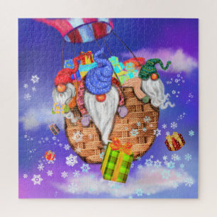 Quebra-cabeça Gnomos de Natal Voando Balão e Dando Presentes