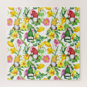 Quebra-cabeça Gnomos escandinavos: primavera de aquarela floral.