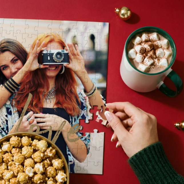 Quebra-cabeça Gold Love Brush Script Overlay Couple Photo Memory (Gold Love Brush Script Overlay Couple Photo Memory Jigsaw Puzzle)