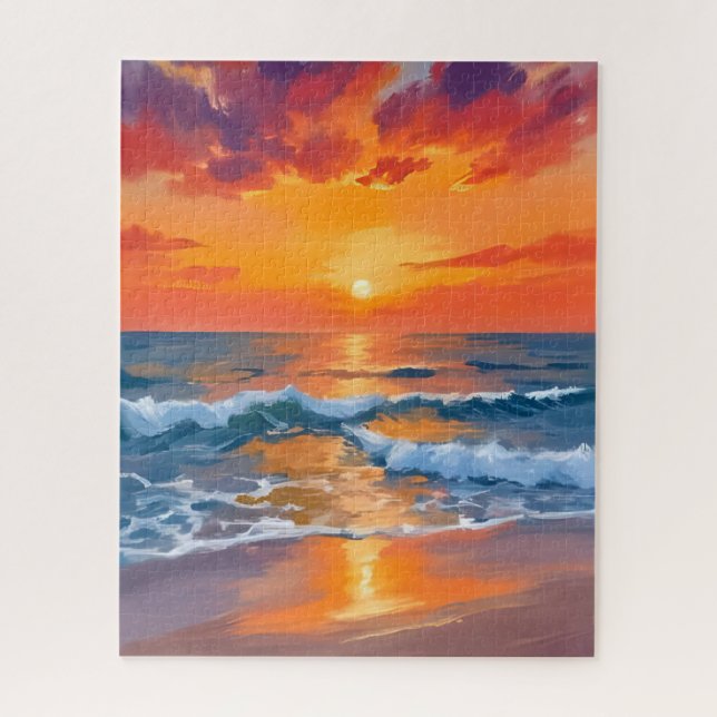 Quebra-cabeça Golden Hour Sunset Ocean Beach Painting (Vertical)