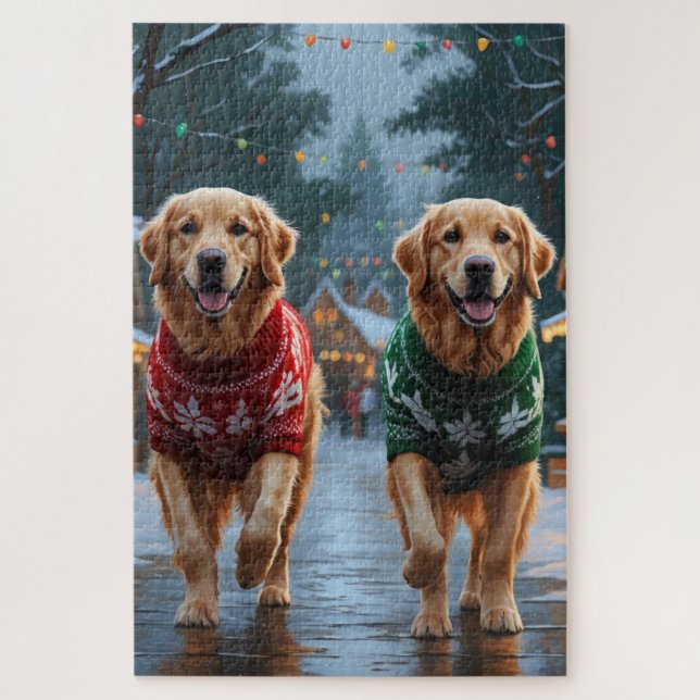 Quebra-cabeça Golden Retriever Dogs Christmas Snow Holiday (Vertical)