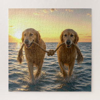 Quebra-cabeça Golden Retriever Dogs with Knotted Rope