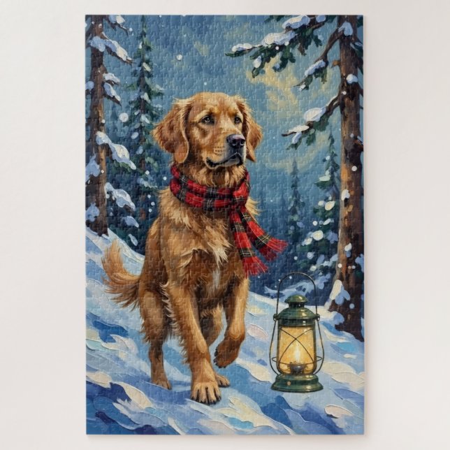 Quebra-cabeça Golden Retriever Guiding Light in Snowy Forest (Vertical)