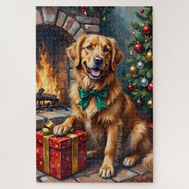 Quebra-cabeça Golden Retriever Patiently Guarding Christmas Gift (Vertical)