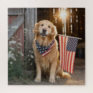 Quebra-cabeça Golden Retriever segurando uma bandeira americana