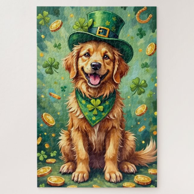 Quebra-cabeça Golden Retriever St Patrick’s Day Lucky Dog (Vertical)
