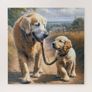 Quebra-cabeça Golden Retrievers Caminhando em uma Estrada Rural