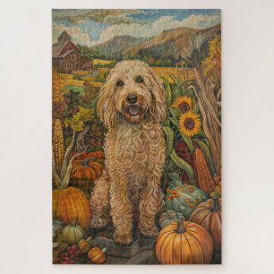 Quebra-cabeça Goldendoodle Cachorro Colheita de outono Ação de G