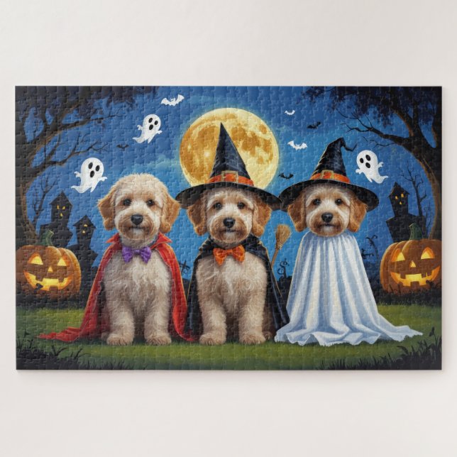 Quebra-cabeça Goldendoodle Cães Pumpkin Halloween Engraçado (Horizontal)
