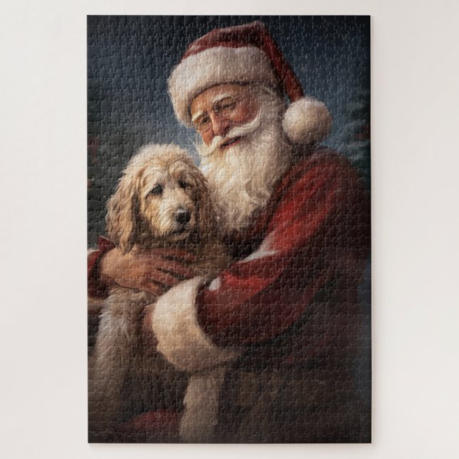 Quebra-cabeça Goldendoodle com Papai Noel Natal Festivo (Vertical)