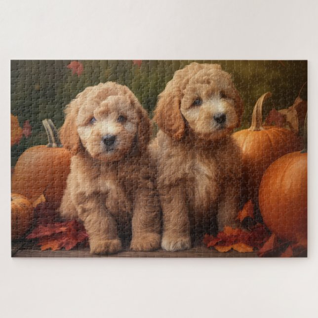 Quebra-cabeça Goldendoodle Puppy Autumn Delight Pumpkin (Horizontal)