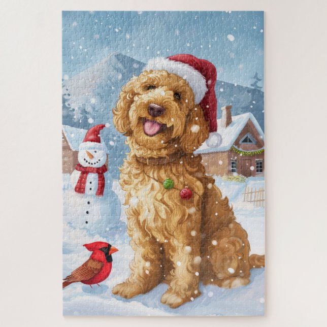 Quebra-cabeça Goldendoodle Winter Wonderland Natal Joy (Vertical)