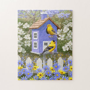 Quebra-cabeça Goldfinches e Birdhouse do roxo do rico