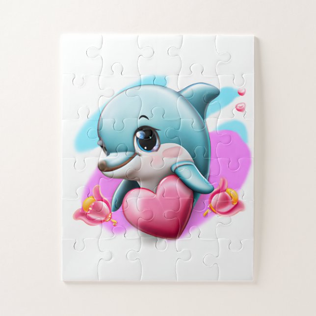 Quebra-cabeça Golfinho bebê bonito com coração Namorados (Vertical)