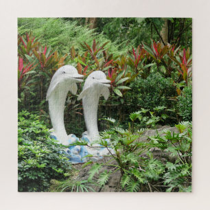 Quebra-cabeça Golfinho, estátua, parque, plantas, flores, natur