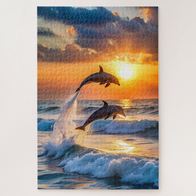 Quebra-cabeça Golfinhos ao pôr do sol saltando (Vertical)