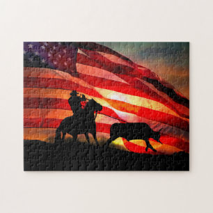 Quebra-cabeça Gotcha Cowboy e Steer com bandeira americana