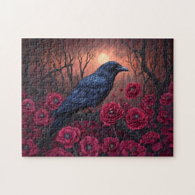 Quebra-cabeça Gótica Raven com Poppies Vermelhos Escuros (Horizontal)
