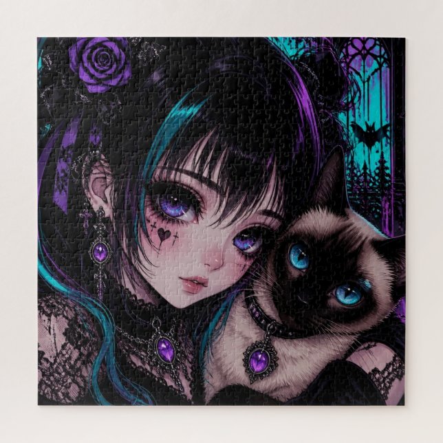 Quebra-cabeça Gótico Emo | Garota Anime & Gato (Vertical)