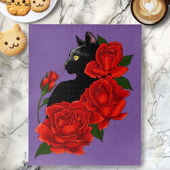 Quebra-cabeça Gótico Gato Preto Rosas Vermelhas Roxo (Criador carregado)