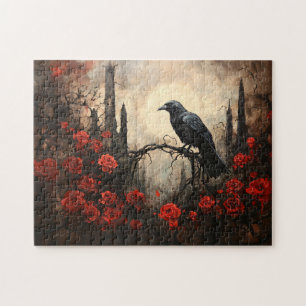 Quebra-cabeça Gótico Raven com Rosas vermelhas Escuras