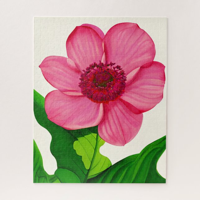 Quebra-cabeça Grande Anêmona Rosa com Folhas Verde Esmeraldas (Vertical)
