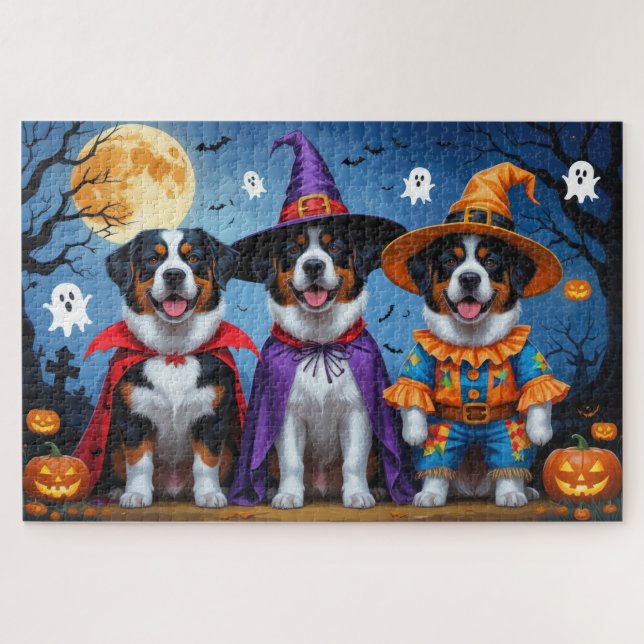 Quebra-cabeça Grande Cachorro Suíço Pumpkin Halloween Engraçado (Horizontal)