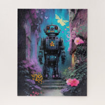 Grande Robô em uma Noite Floral Mística Roxa