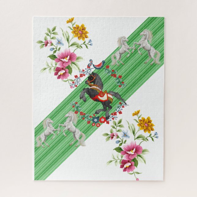 Quebra-cabeça Greve Verde Floral Cavalo Marrom, Br (Vertical)