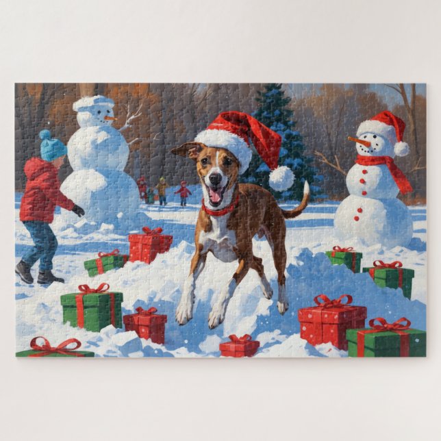 Quebra-cabeça Greyhound Correndo na Neve com Chapéu de Natal (Horizontal)