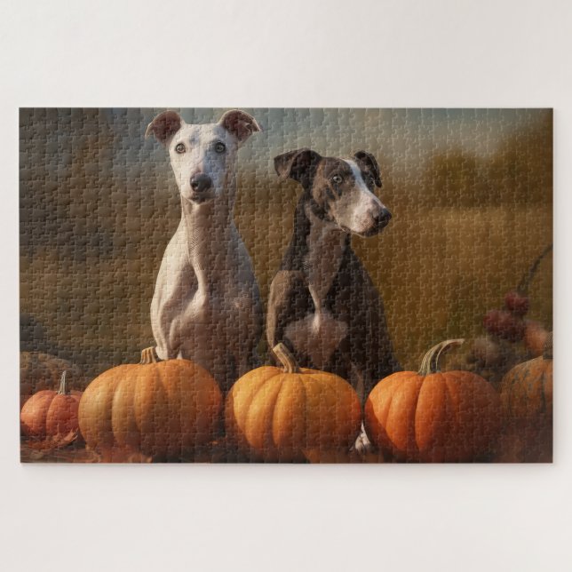 Quebra-cabeça Greyhound Puppy Autumn Delight Pumpkin (Horizontal)