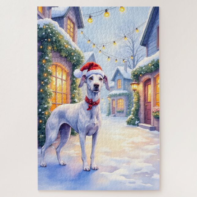 Quebra-cabeça Greyhound Snowy Village Santa Hat Christmas Art (Vertical)