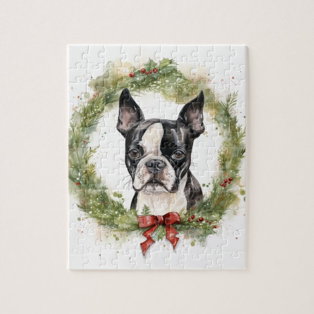 Quebra-cabeça Grinalda de Natal do Boston Terrier Cachorro Festi (Vertical)