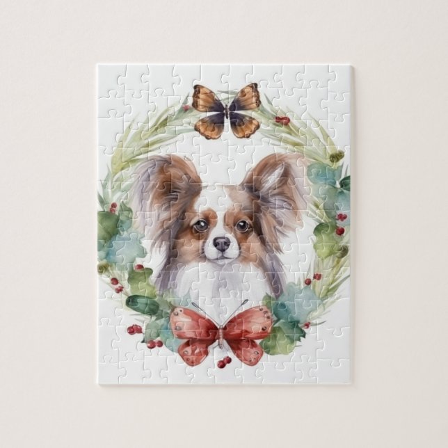 Quebra-cabeça Grinalda de Natal Papillon Cãozinho Festivo (Vertical)