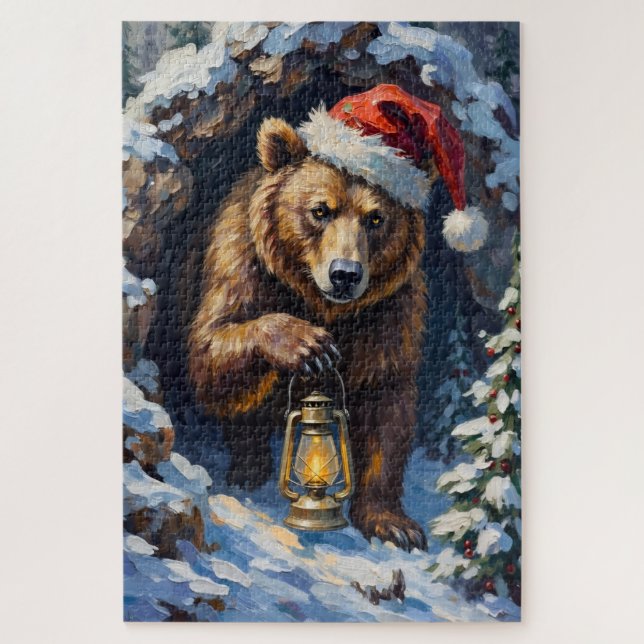 Quebra-cabeça Grizzly Bear Emerging from Christmas Slumber Hat (Vertical)