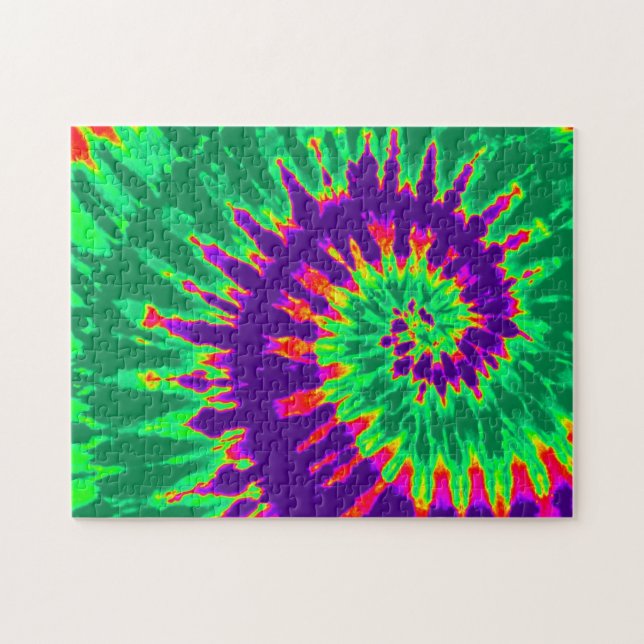 Quebra-cabeça Groovy Purple e Green Tie Dye Spiral (Horizontal)