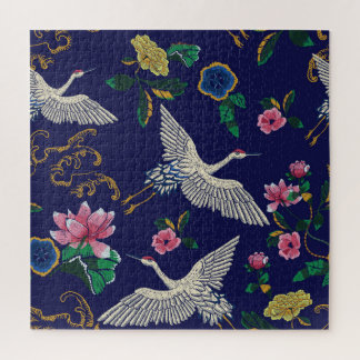 Quebra-cabeça Gruas bordadas e flores, sem costura de vinhaça