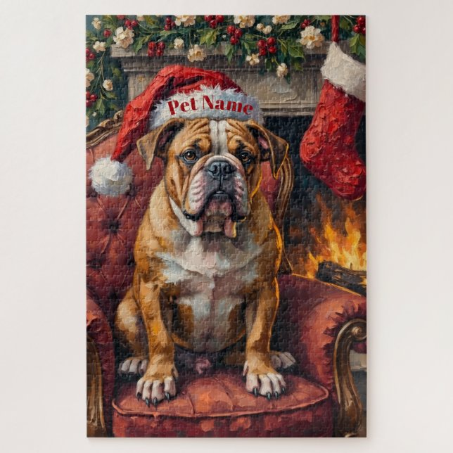 Quebra-cabeça Grumpy Bulldog Christmas Hat on Velvet Chair (Vertical)