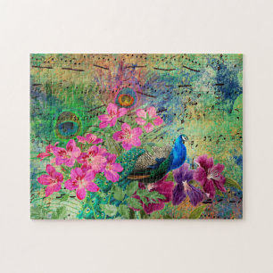 Quebra-cabeça Grunge de Pavão e Flores Ilustrado Antiquado