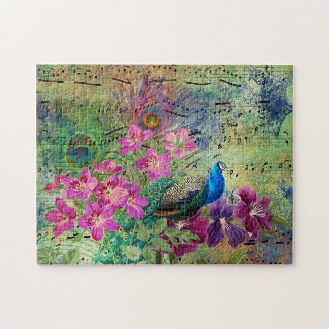 Quebra-cabeça Grunge de Pavão e Flores Ilustrado Antiquado (Horizontal)