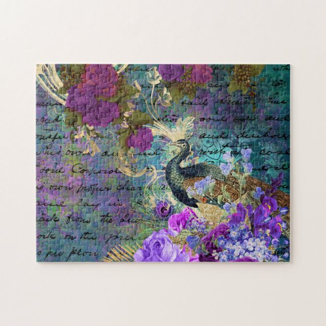 Quebra-cabeça Grunge de Pavão e Flores Ilustrado Antiquado (Horizontal)