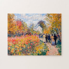 Quebra-cabeça Grupo caminhando em jardim outonal com flores